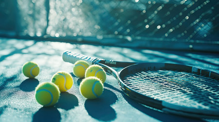 A close-up of a tennis racket and bright yellow balls resting on the service line of a sunlit courtの素材