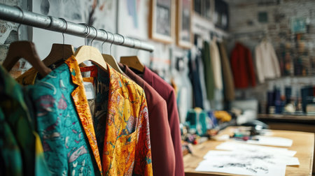 A fashion designer's workspace with colorful suits on wooden hangers and sketches on a nearby tableの素材