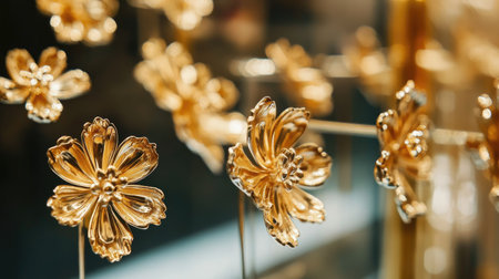A detailed shot of intricate gold earrings with floral designs, displayed on a glass counterの素材