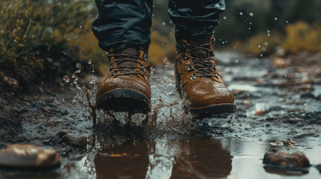 A macro shot of hiking boots splashing through a muddy puddle on a wet wilderness trailの素材