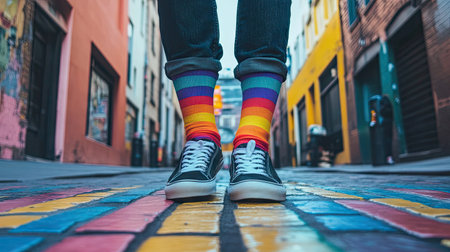 A man showcasing rainbow socks and sneakers while walking on a vibrant urban streetの素材