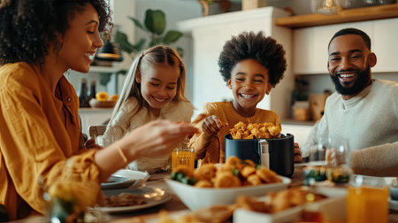 A family gathered around a modern air fryer on a dining table, serving freshly fried snacks, smiles and laughter visibleの素材