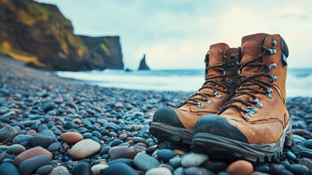 A pair of hiking boots on a pebble-covered beach near a remote and wild ocean shoreの素材