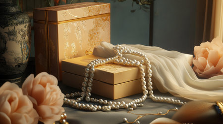 A jewelry counter with pearl necklaces draped over soft fabric, surrounded by elegant packagingの素材
