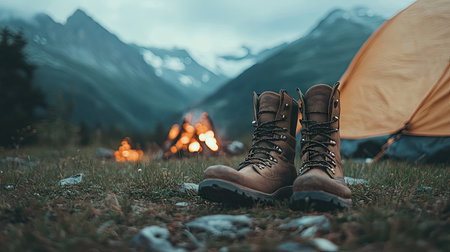 A pair of boots placed next to a tent on a grassy patch, with a campfire and mountains in the backgroundの素材