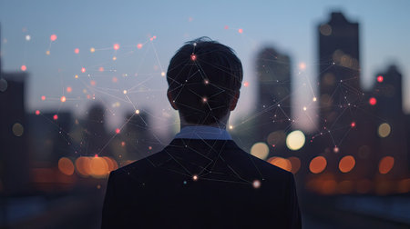 A corporate professional with D digital network diagrams floating in front of him, blurred city skyline behindの素材