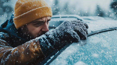 A man wearing thick gloves and a beanie clearing snow from a windshield, the cold breath visible against the winter skyの素材