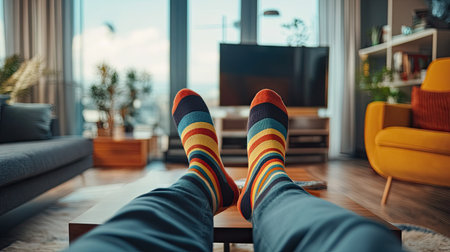 A man in bold striped socks resting his feet on a coffee table, with a modern living room in the backgroundの素材