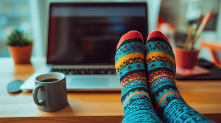 A pair of feet in funky socks propped up on a desk, with a laptop and coffee mug in the backgroundの素材