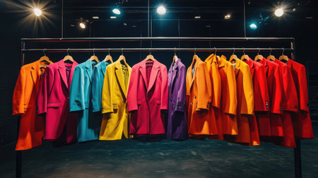 A fashion showroom with colorful coat suits displayed on wooden hangers on a black rail under spotlightsの素材