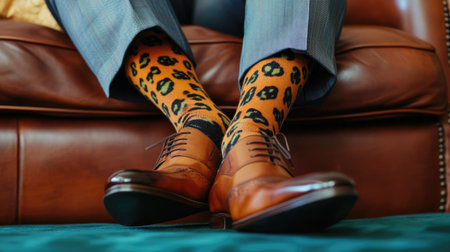 A man's legs crossed, showcasing socks with funky animal prints and sleek leather loafersの素材