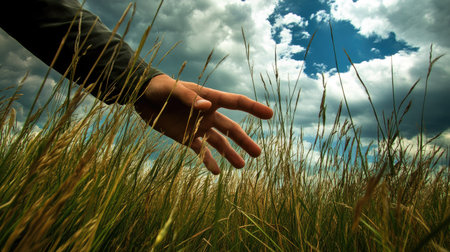 A hand softly pressing into tall grass under a dramatic, cloudy skyの素材