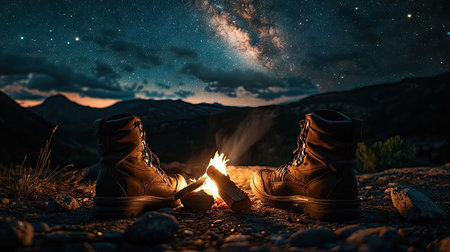 A pair of boots placed near a small campfire under a starry sky in the wildernessの素材