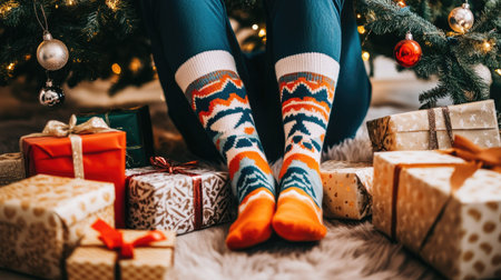A man in cheerful holiday-themed socks sitting near a Christmas tree, with gifts around himの素材