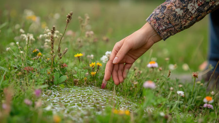 A hand tracing patterns in a bed of grass and small wildflowers, captured in sharp focusの素材