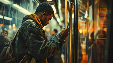 A man in a jacket gripping a subway strap during evening hours, the interior warmly lit and bustlingの素材