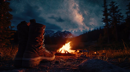 A pair of boots placed near a small campfire under a starry sky in the wildernessの素材