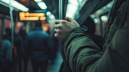 A man in a jacket gripping a subway strap during evening hours, the interior warmly lit and bustlingの素材