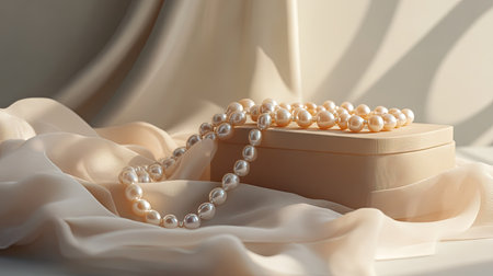 A jewelry counter with pearl necklaces draped over soft fabric, surrounded by elegant packagingの素材