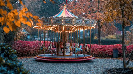 A playful children's carousel on a pebbled surface, in a corner of a yard with colorful bushesの素材