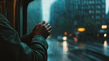 A man gripping a subway rail with rain-drenched city buildings visible outside the window, mood reflectiveの素材