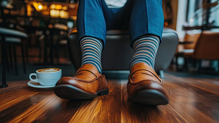 A pair of stylish striped socks and loafers on a man standing in a chic caf, with a latte nearbyの素材