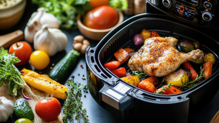 A meal prep scene featuring a modern air fryer, colorful vegetables, and raw chicken ready for cookingの素材