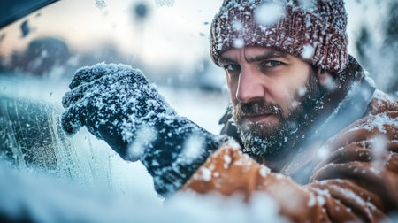 A man wearing thick gloves and a beanie clearing snow from a windshield, the cold breath visible against the winter skyの素材