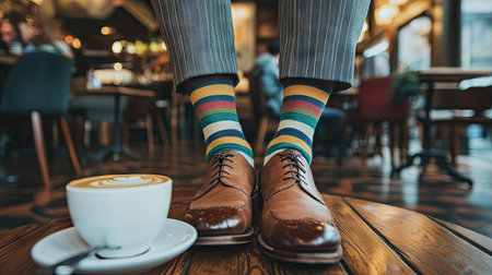 A pair of stylish striped socks and loafers on a man standing in a chic caf, with a latte nearbyの素材