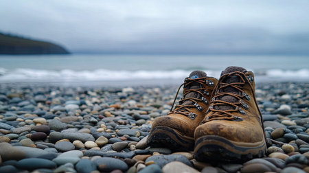 A pair of hiking boots on a pebble-covered beach near a remote and wild ocean shoreの素材