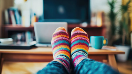 A pair of feet in funky socks propped up on a desk, with a laptop and coffee mug in the backgroundの素材
