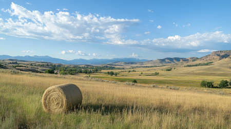 A panoramic view of a meadow with hay rolls and rolling hills stretching into the horizonの素材