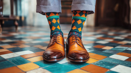 A man wearing bright argyle socks and polished leather shoes, standing on a tiled floorの素材