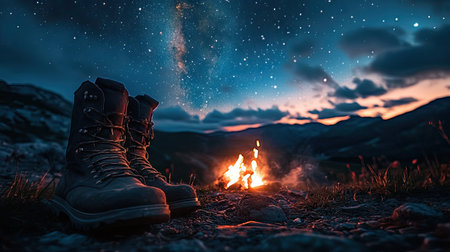 A pair of boots placed near a small campfire under a starry sky in the wildernessの素材