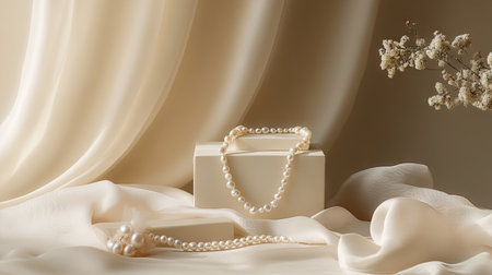 A jewelry counter with pearl necklaces draped over soft fabric, surrounded by elegant packagingの素材