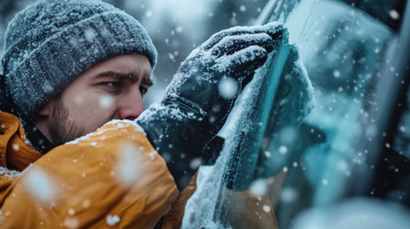 A man wearing thick gloves and a beanie clearing snow from a windshield, the cold breath visible against the winter skyの素材