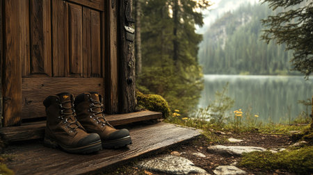 A pair of hiking boots placed by a rustic cabin door in the middle of a tranquil wildernessの素材
