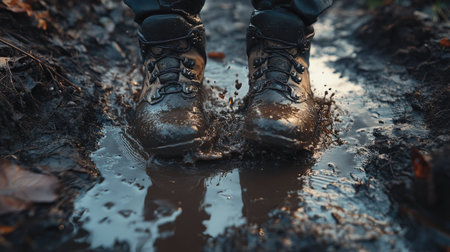 A macro shot of hiking boots splashing through a muddy puddle on a wet wilderness trailの素材