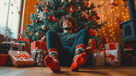 A man in cheerful holiday-themed socks sitting near a Christmas tree, with gifts around himの素材