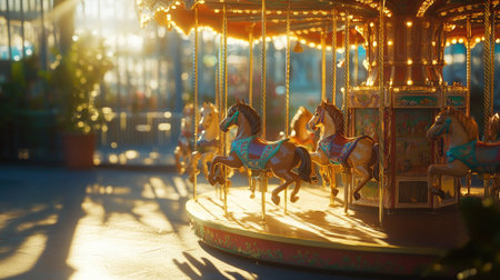 A small children's carousel with horses, casting soft shadows on a sunny afternoonの素材