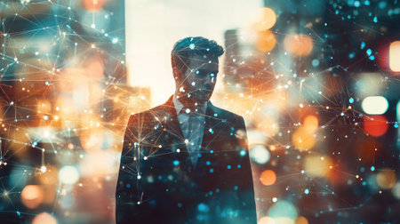 A professional in a suit surrounded by flying D holographic connections on a blurred urban backgroundの素材