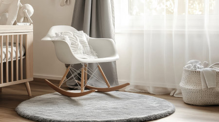A soft gray round mat placed beneath a rocking chair in a cozy corner of the nurseryの素材
