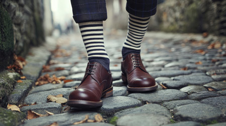 A stylish pair of striped socks paired with ankle boots, worn by a man on a cobblestone pathの素材