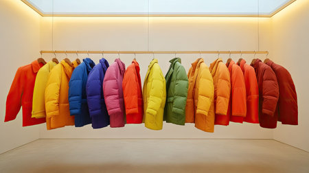 A rail of coat suits in rainbow order, each piece perfectly hung on sturdy wooden hangers in a minimalist roomの素材
