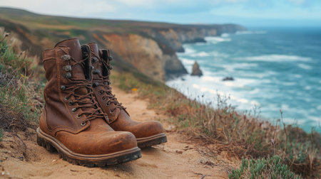 Boots on a sandy trail along a rugged coastline, with waves crashing in the backgroundの素材