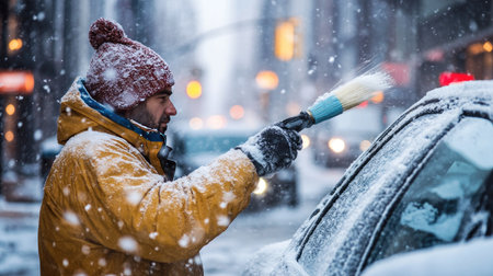 A snowy urban street with someone using a snow brush to clean their windshield, bundled up against the coldの素材