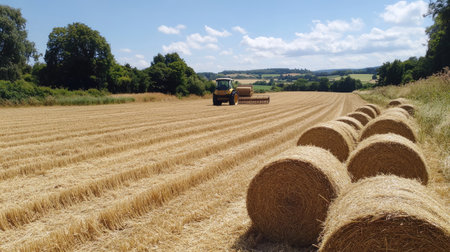 A tractor working in the distance with hay rolls neatly arranged in a freshly harvested fieldの素材
