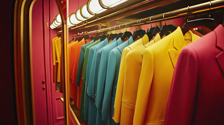 A rail of colorful coat suits placed against a full-length mirror, reflecting the vibrant huesの素材