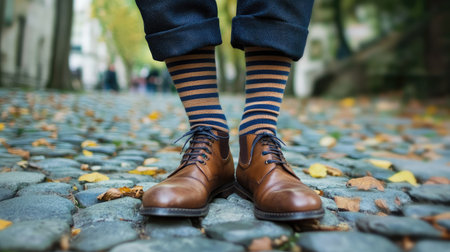 A stylish pair of striped socks paired with ankle boots, worn by a man on a cobblestone pathの素材