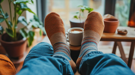A relaxed setting of a man wearing solid-colored socks with rolled-up chinos, enjoying a cup of coffeeの素材